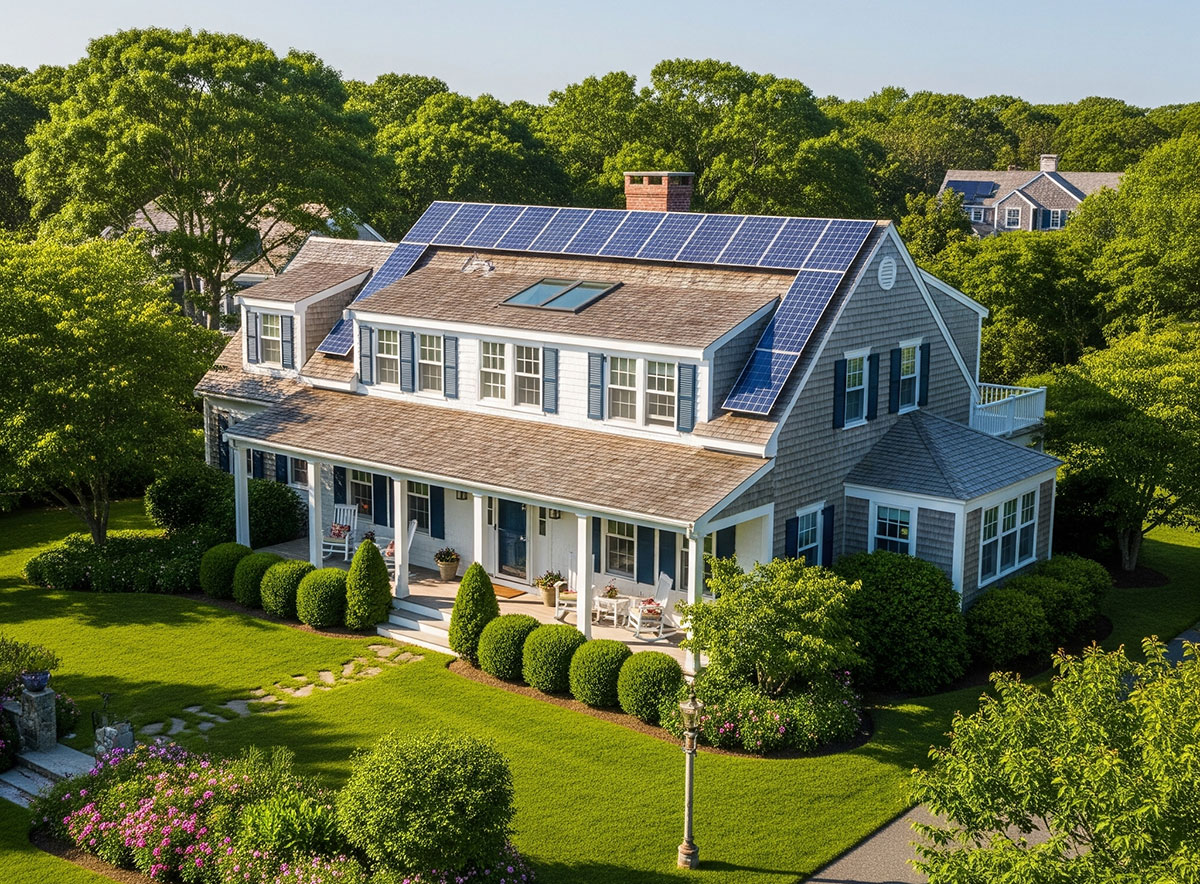 AI Generated image of a home with solar panels in Martha's Vineyard