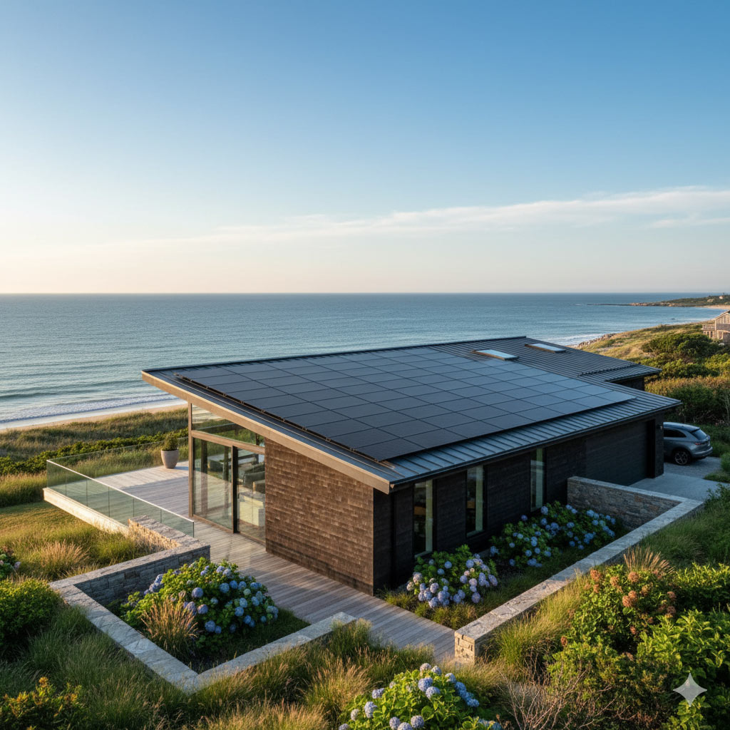 Rendering of a modern home on Martha's Vineyard with solar panels